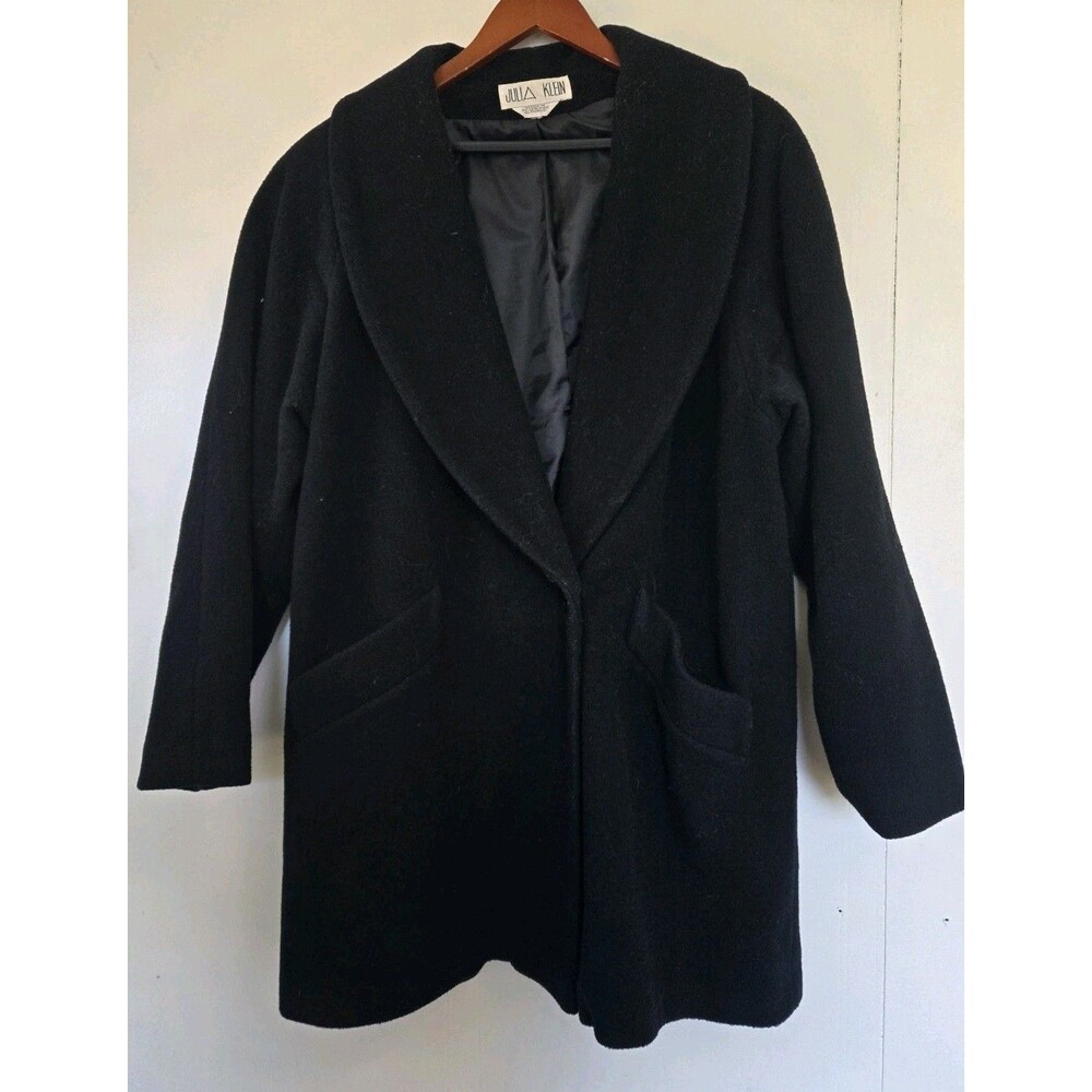 VTG Julian Klein Coat Womens 16 Black 100% Wool Faux Fur Old Money Winter Classy